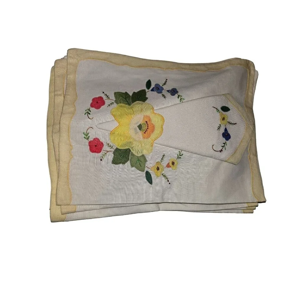 Vintage‎ Floral Embroidered Linen Placemat & Napkin Set of 8